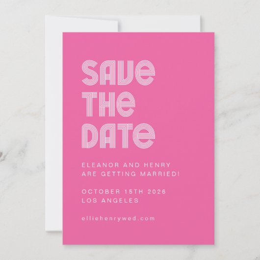 Retro 70s Disco Font Unique Hot Pink Wedding Save The Date (Voorkant)