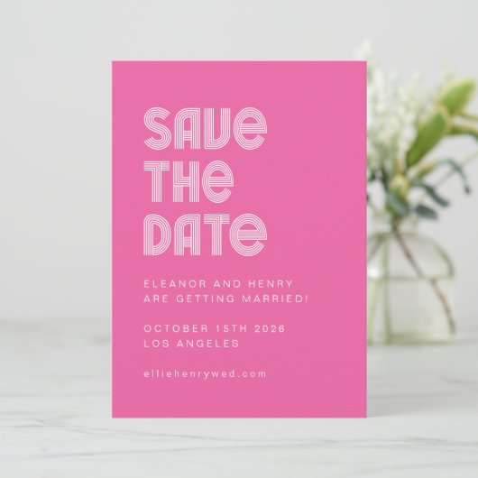 Retro 70s Disco Font Unique Hot Pink Wedding Save The Date (Staand voorkant)