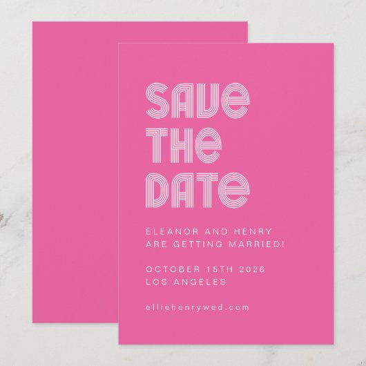 Retro 70s Disco Font Unique Hot Pink Wedding Save The Date (Voorkant / Achterkant)