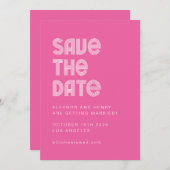 Retro 70s Disco Lettertype Unieke Heet Roze Huweli Save The Date (Voorkant / Achterkant)