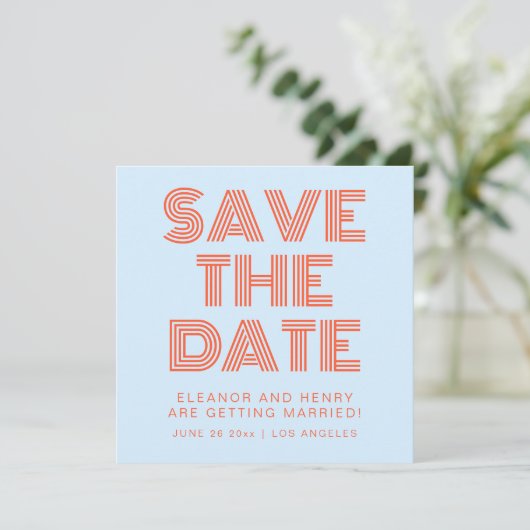 Retro 70s Disco Typografie Cool Blauw Oranje Save The Date (Staand voorkant)
