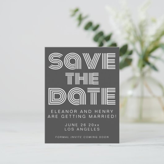 Retro 70s Disco Typografie Zwart-wit Huwelijk Save The Date (Staand voorkant)
