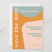 Retro 70s dusty blue orange pink wedding save the date (Voorkant)