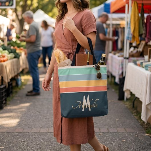 Retro 70s esthetiek mid-century streep aangepaste  tote bag