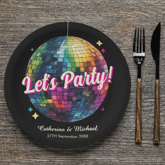 Retro 70's Feest Disco Bal Glans Bruiloft Papieren Bordje