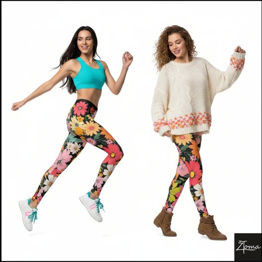 Retro 70s Floral Groovy Daisy Backdrop black Leggings