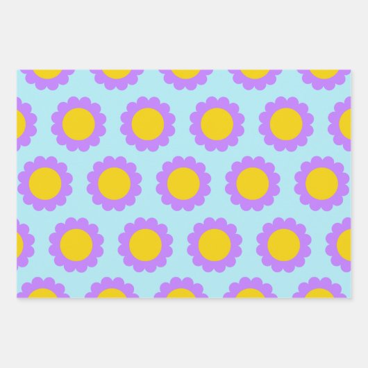 Retro 70s Floral Pattern in Blue Paars and Yellow Inpakpapier Vel (Voorkant 3)