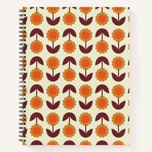 Retro  70s Floral Pattern Oranje en Brown Notitieboek (Voorkant)
