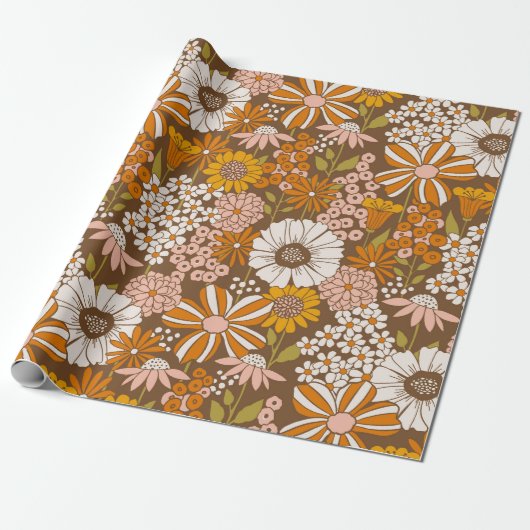 Retro 70s Floral Wrapping Paper Cadeaupapier (Uitgerold)