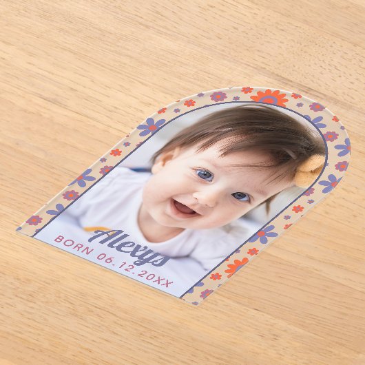 Retro 70s Flower Power Photo Aankondiging (Laagn)