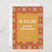 Retro 70s Flowers Bright Oranje Afbeelding bruilof Save The Date (Voorkant)