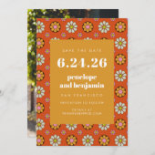 Retro 70s Flowers Bright Oranje Afbeelding bruilof Save The Date (Voorkant / Achterkant)