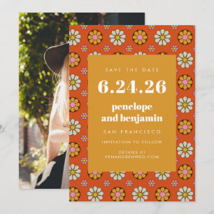 Retro 70s Flowers Bright Oranje Afbeelding bruilof Save The Date