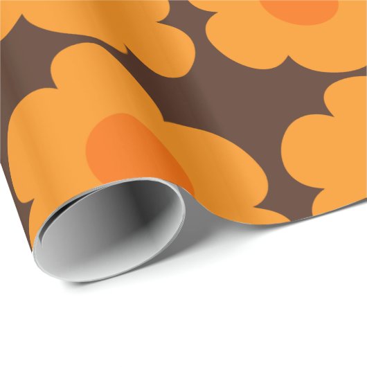 Retro 70s Flowers Floral Pattern Oranje en Brown Cadeaupapier (Rol Hoek)