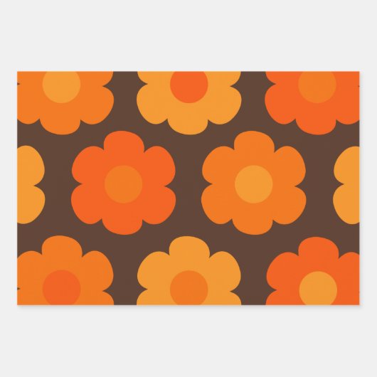Retro 70s Flowers Oranje en Brown Floral Pattern Inpakpapier Vel (Voorkant 2)