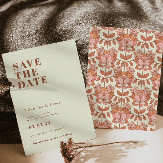 Retro 70s geïnspireerd Sinaasappel Bruiloft Save t Kaart