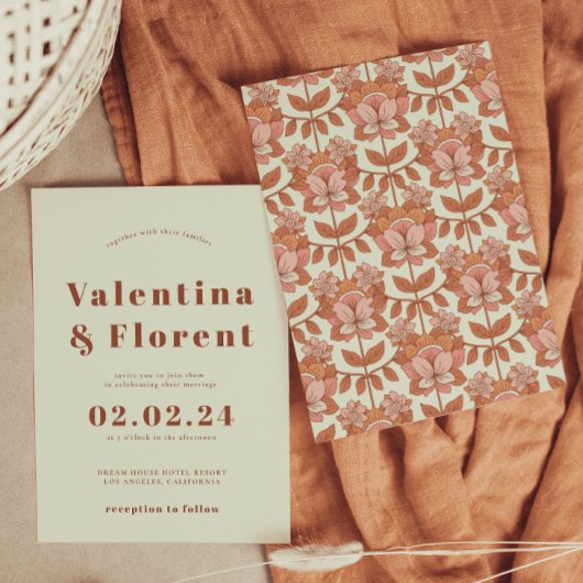 Retro 70s geïnspireerd Sinaasappel bruiloft uitnod Kaart