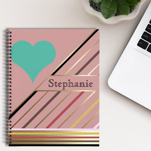 Retro 70s geïnspireerd strepen Roos en goud Notitieboek