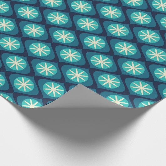 Retro 70s golvende florale patroon - blauw cadeaupapier (Hoek)