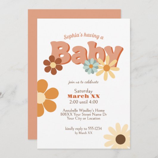 Retro 70s Groovy Baby shower Kaart (Voorkant / Achterkant)