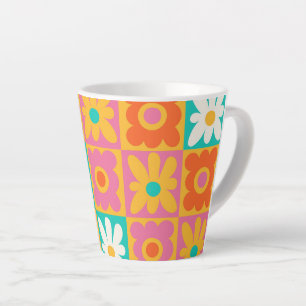Retro 70s Groovy Bloem Motief Kleurrijk Schaakbord Latte Mok