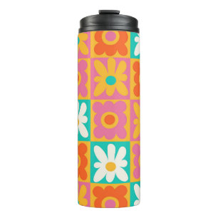 Retro 70s Groovy Bloem Motief Kleurrijk Schaakbord Thermosbeker