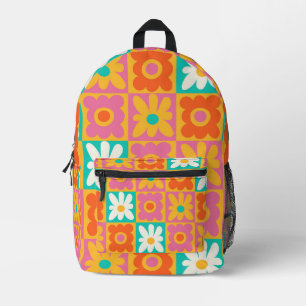 Retro 70s Groovy Bloem Motief Schachbrett Kleurrij Bedrukte Rugzak