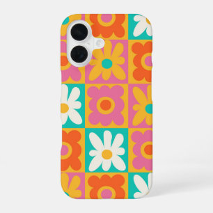 Retro 70s Groovy Bloem Motief Schachbrett Kleurrij iPhone 16 Hoesje