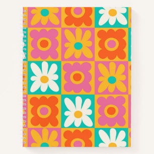 Retro 70s Groovy Bloem Motief Schachbrett Kleurrij Notitieboek