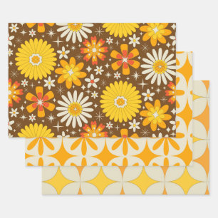 Retro 70s Groovy Bloemen met Atoom-uitbarstingen  Inpakpapier Vel