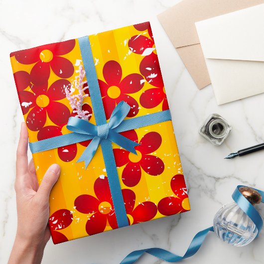 Retro 70's Groovy Bloemmotief Cadeaupapier
