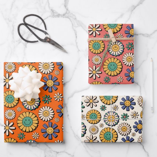 Retro 70s Groovy Daisies Hippie Flower Inpakpapier Vel (Voorkant)