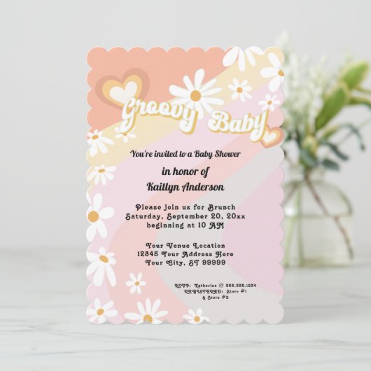 Retro 70s Groovy Daisy Peach Girl Baby shower Invi Kaart (Staand voorkant)