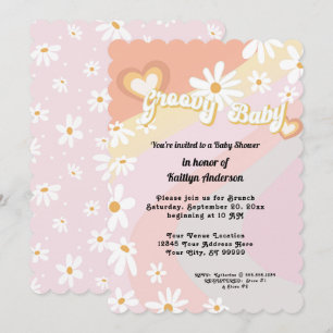 Retro 70s Groovy Daisy Peach Girl Baby shower Invi Kaart