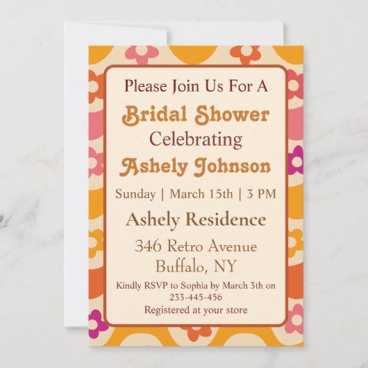 Retro 70s Groovy Floral Bridal Shower Invitation Kaart (Voorkant)