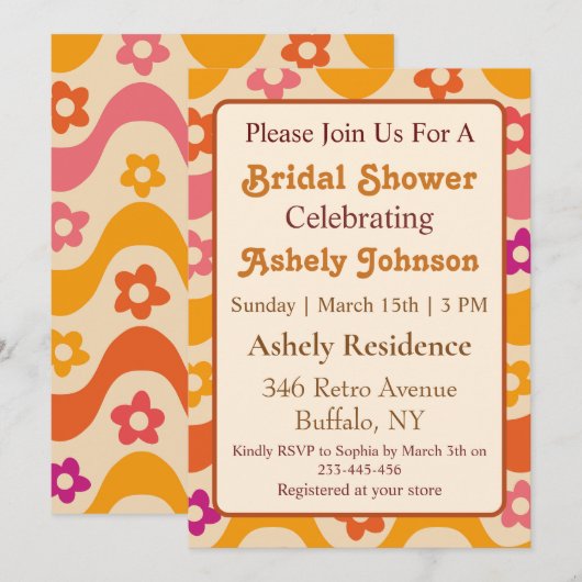 Retro 70s Groovy Floral Bridal Shower Invitation Kaart (Voorkant / Achterkant)