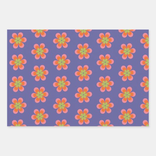 Retro 70s Groovy Flower Pattern in Paars Inpakpapier Vel (Voorkant 3)