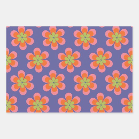 Retro 70s Groovy Flower Pattern in Paars Inpakpapier Vel (Voorkant 2)