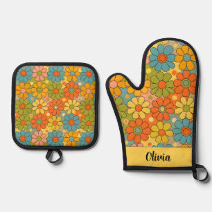 Retro 70s Groovy Flower Power Ovenwant & Pannenlap Set