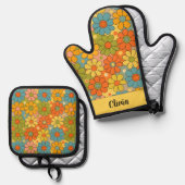Retro 70s Groovy Flower Power Ovenwant & Pannenlap Set (Voorkant / Achterkant)