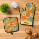 Retro 70s Groovy Flower Power Ovenwant & Pannenlap Set (Top down)
