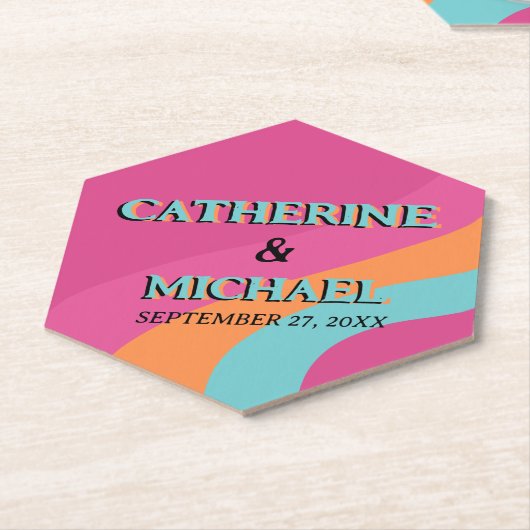 Retro 70s Groovy Fuchsia Fun Wedding Kartonnen Onderzetters (Schuin)