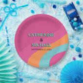 Retro 70s Groovy Fuchsia Fun Wedding Papieren Bordje (Feest)