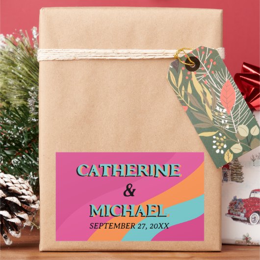 Retro 70s Groovy Fuchsia Fun Wedding Rechthoekige Sticker (Feestdagen)