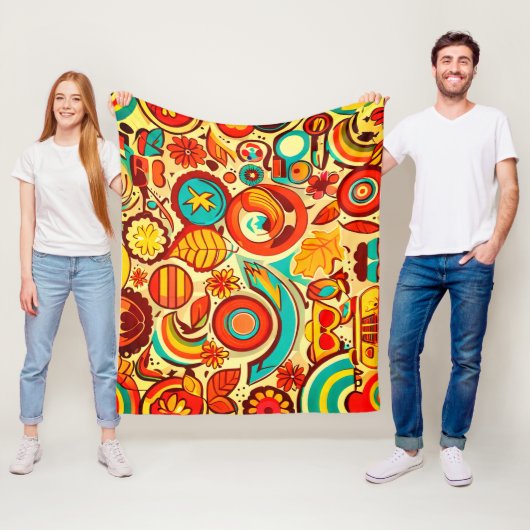 Retro 70s Groovy Herfst Herfstelementen Patroon Fleece Deken (In situ)