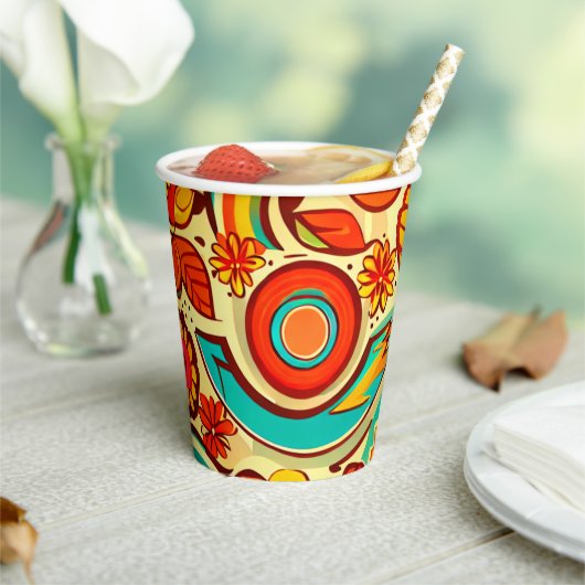 Retro 70s Groovy Herfst Herfstelementen Patroon Papieren Bekers (Insitu)