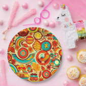 Retro 70s Groovy Herfst Herfstelementen Patroon Papieren Bordje (Feest)