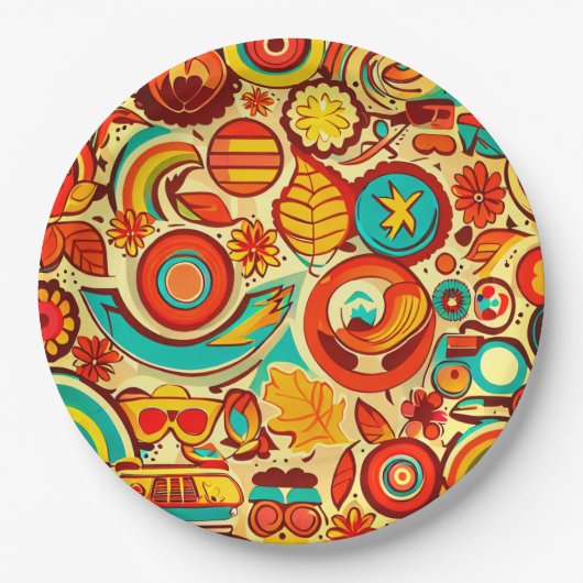 Retro 70s Groovy Herfst Herfstelementen Patroon Papieren Bordje (Voorkant)
