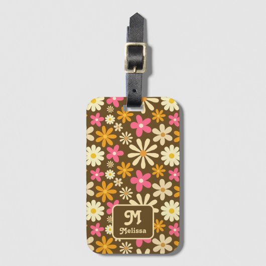 Retro 70s Groovy Hippie Flower Monogram Bagagelabel (Voorkant (verticaal))