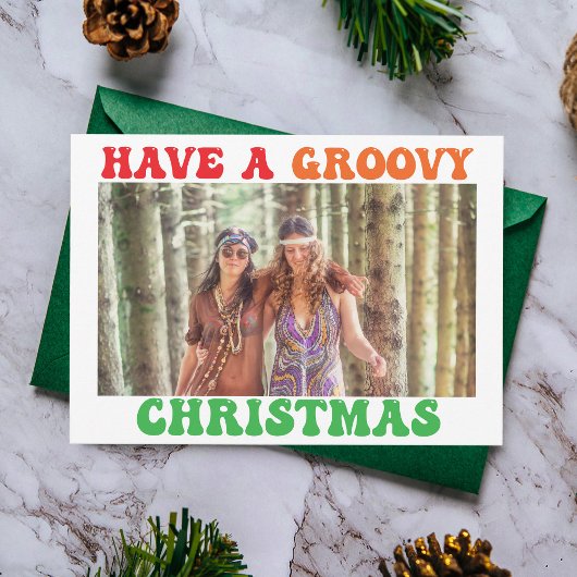 Retro 70s Groovy  Hippie-foto met kerstmis Feestdagenkaart